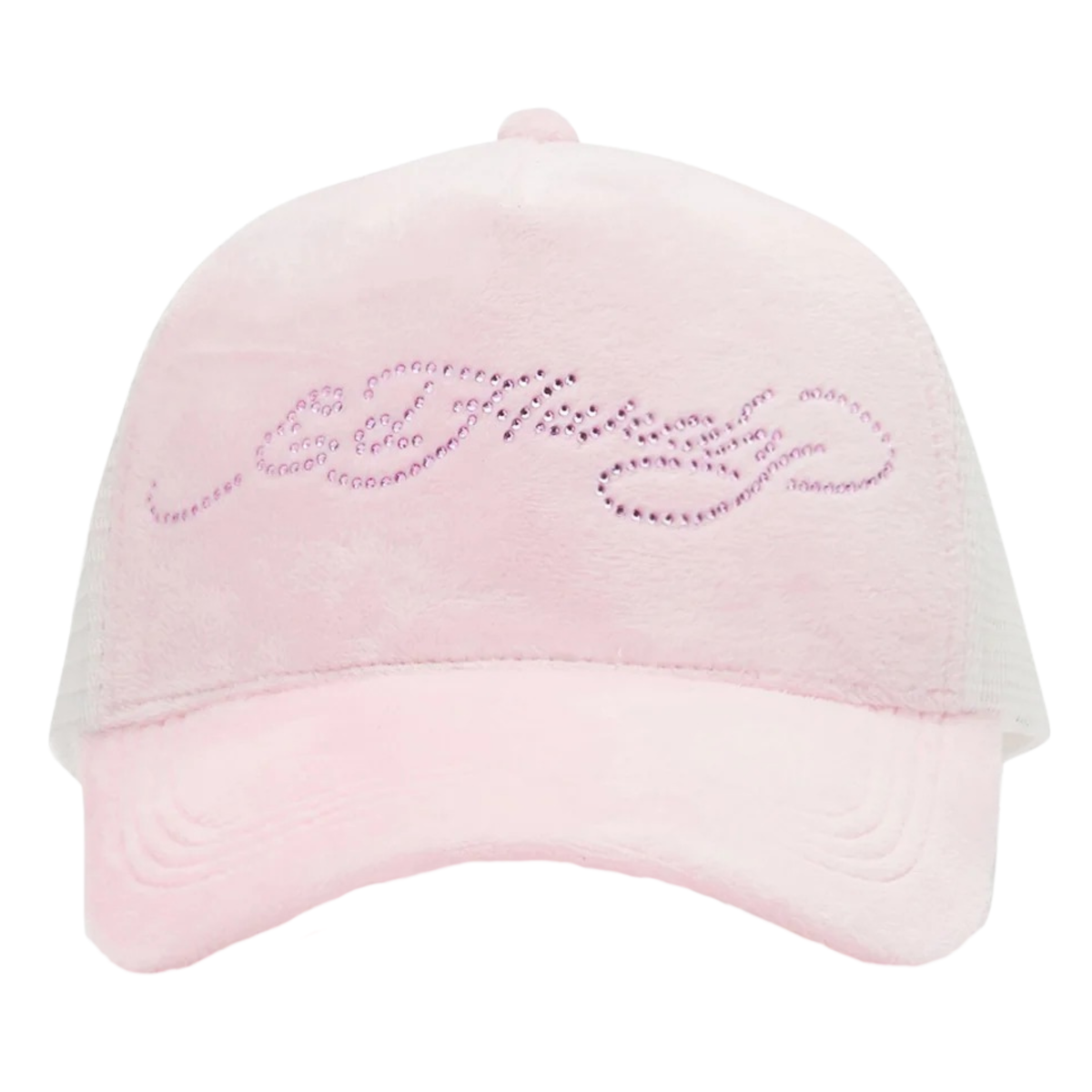 Ed Hardy Diamante Velour 5 Panel Baby Pink Trucker Cap