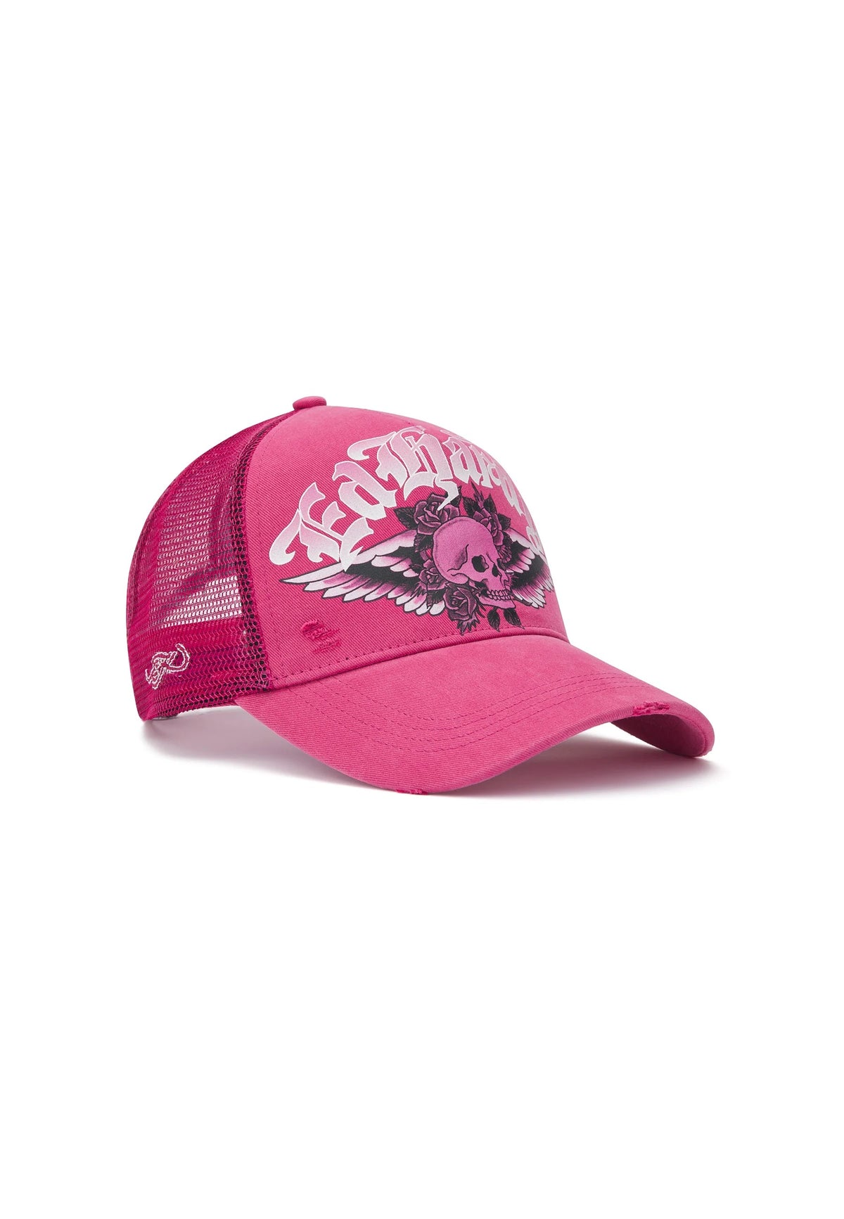 Ed Hardy Flaming Gothic Skull Washed 5 Panel Pink Trucker Cap