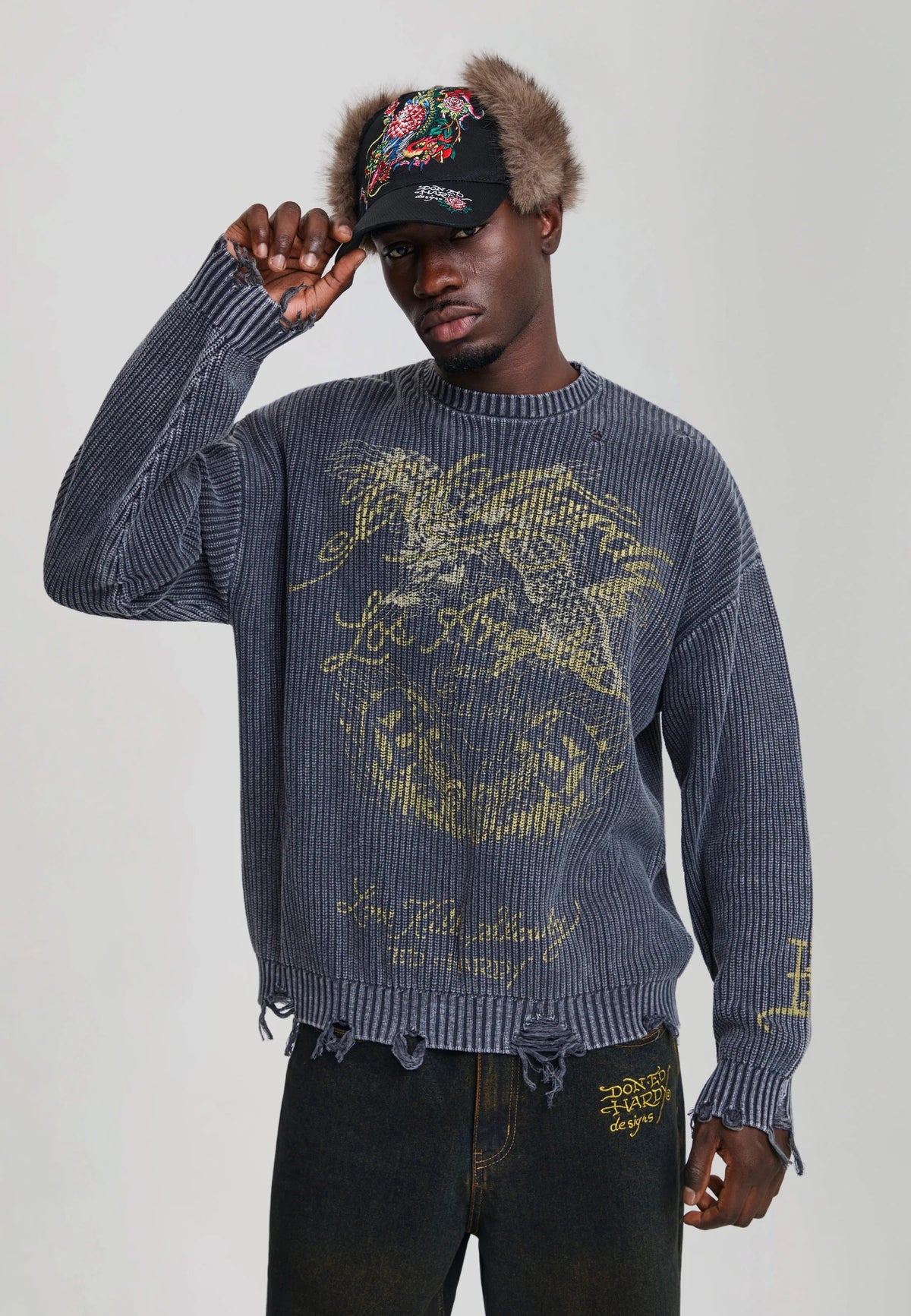 Ed Hardy Distressed Los Angeles Knitted Relaxed Crew Jumper Black