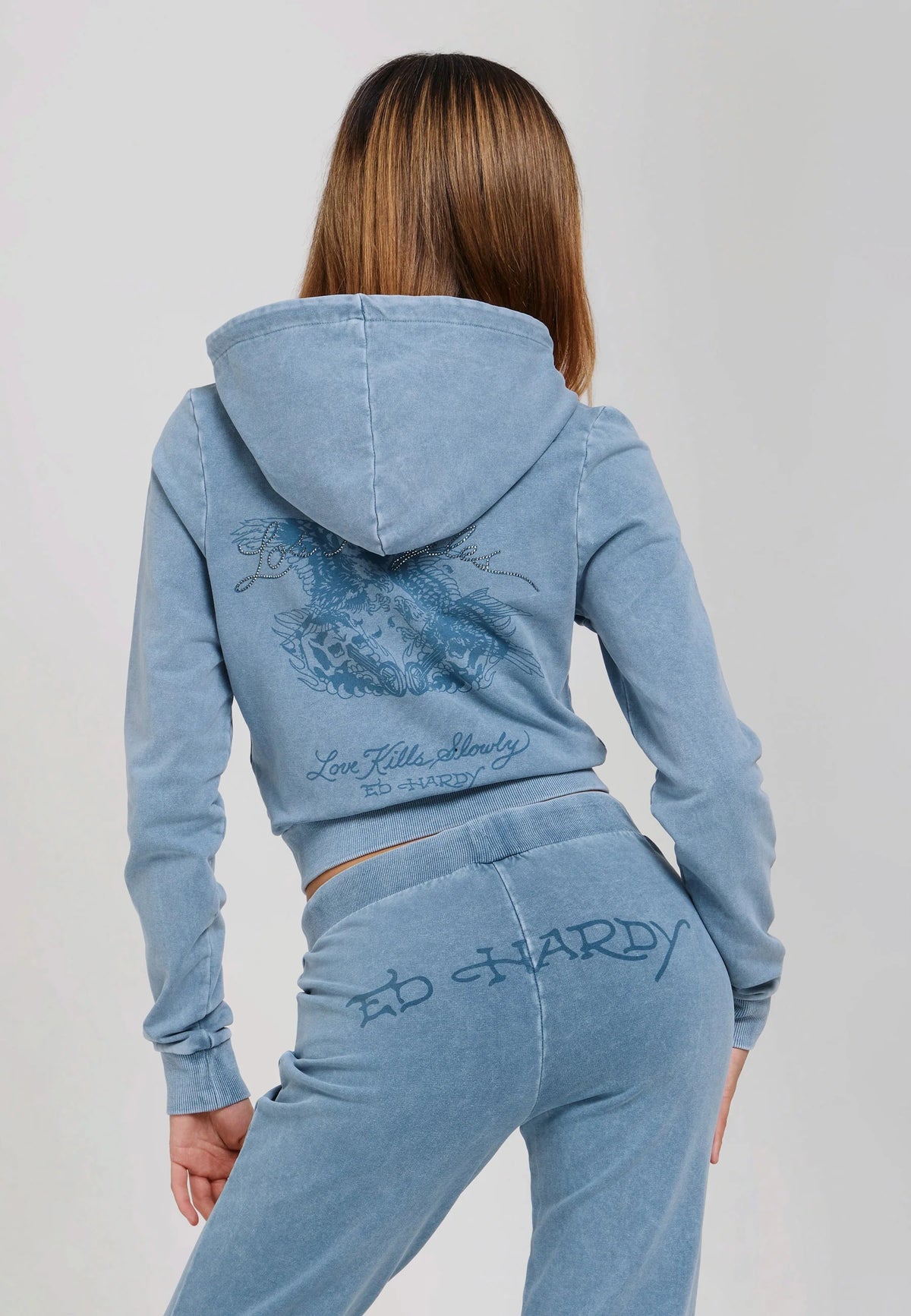 Ed Hardy Stay True Fitted Cropped Washed Zip Thru Hoodie Blue
