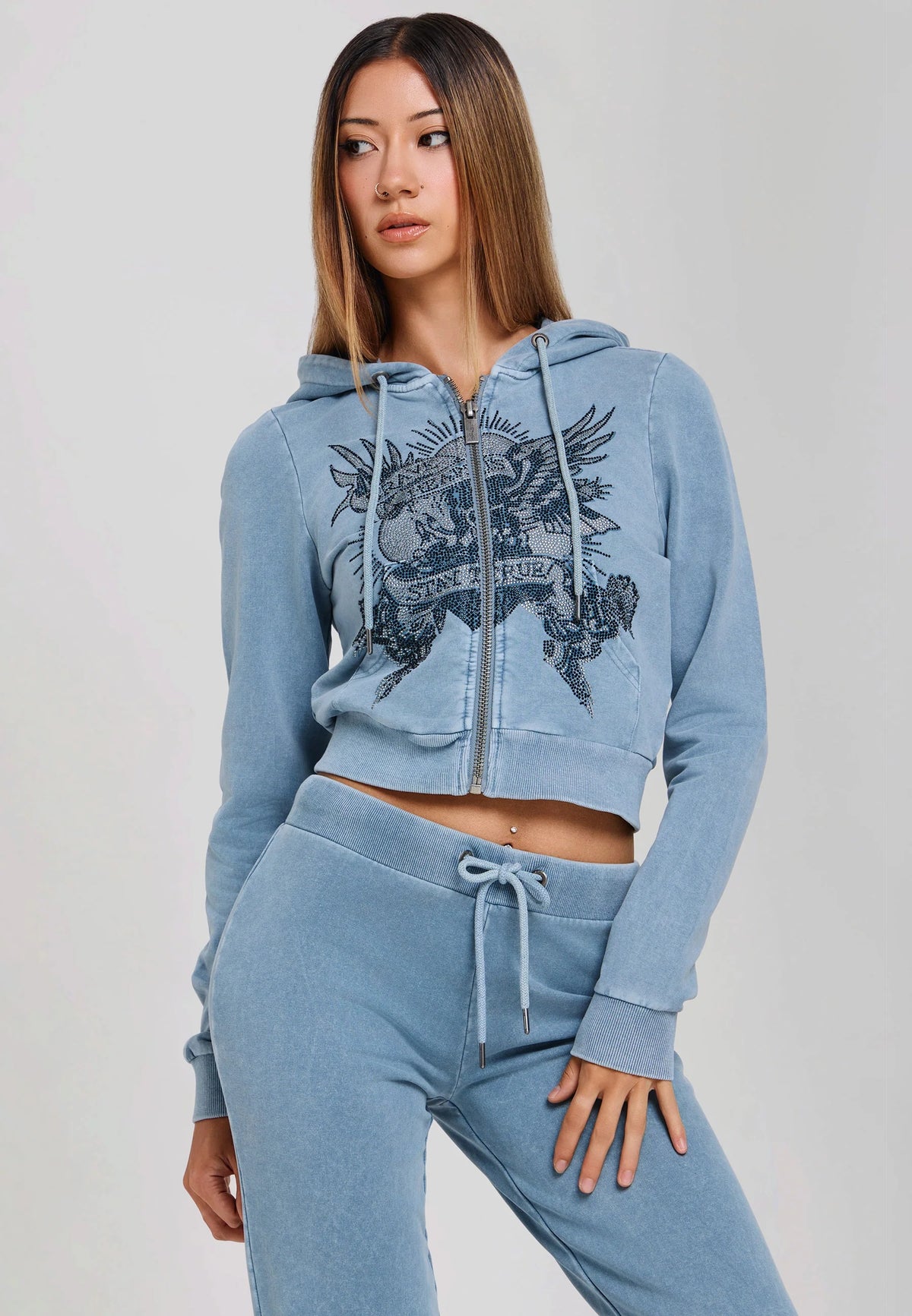 Ed Hardy Stay True Fitted Cropped Washed Zip Thru Hoodie Blue