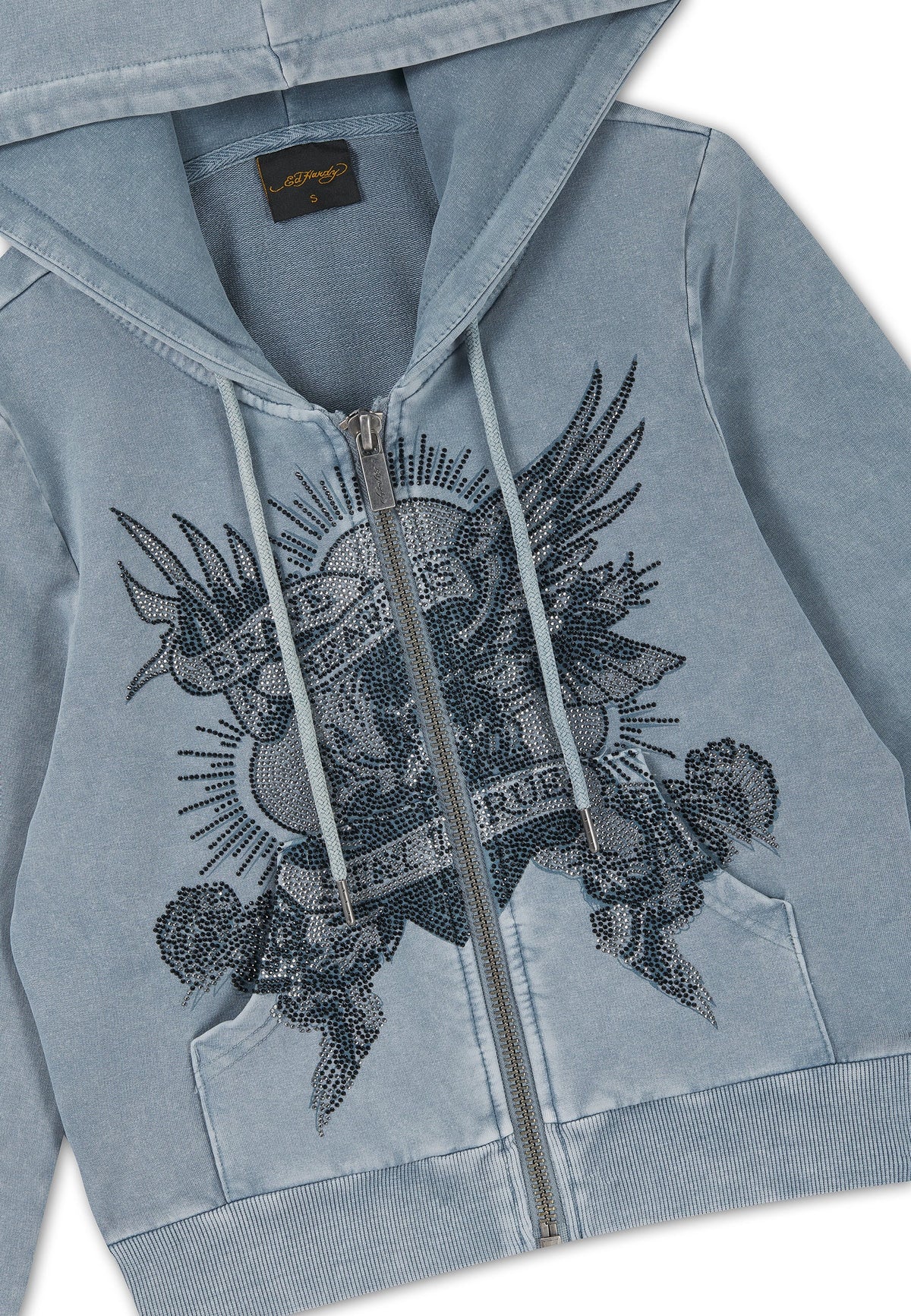 Ed Hardy Stay True Fitted Cropped Washed Zip Thru Hoodie Blue