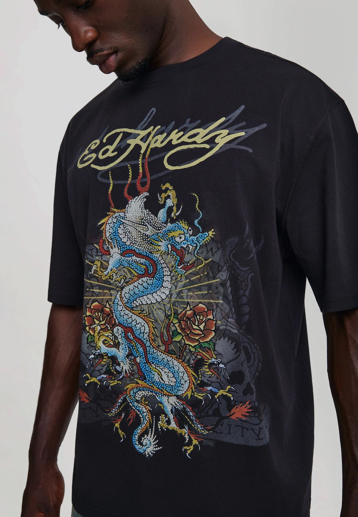 Ed Hardy Dragon City Diamante Graphic Relaxed T-Shirt Black