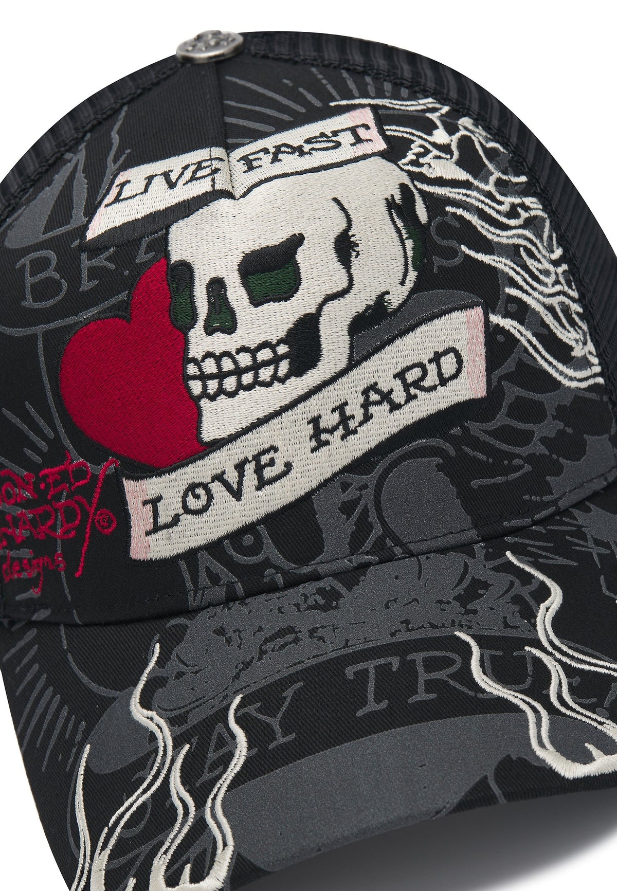 Ed Hardy Live Fast Love Hard 5 Panel Black Trucker Cap