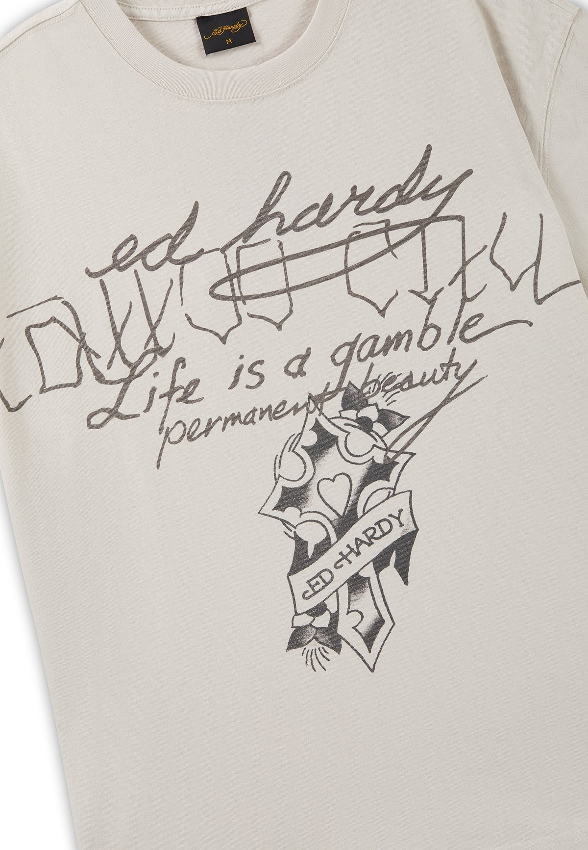 Ed Hardy Life Is A Gamble Graphic Relaxed T-Shirt Ecru - OnSize