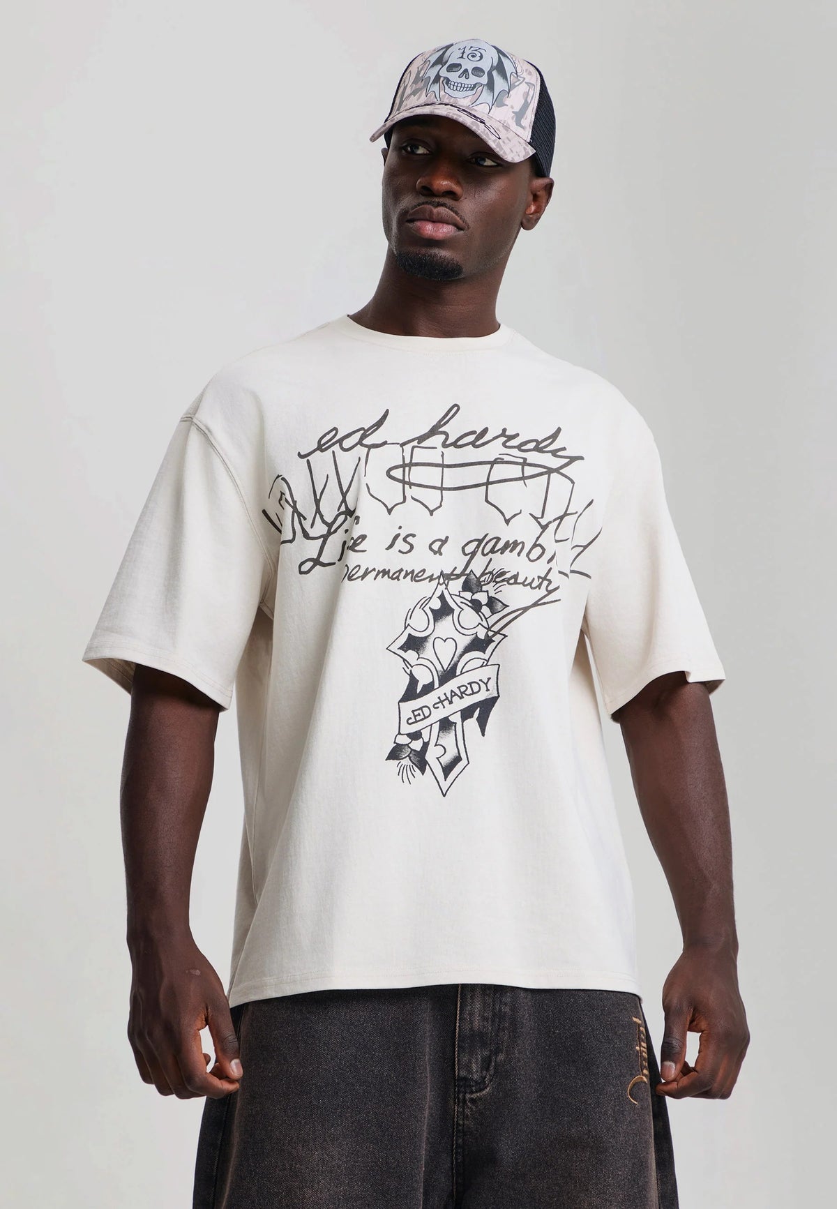 Ed Hardy Life Is A Gamble Graphic Relaxed T-Shirt Ecru - OnSize