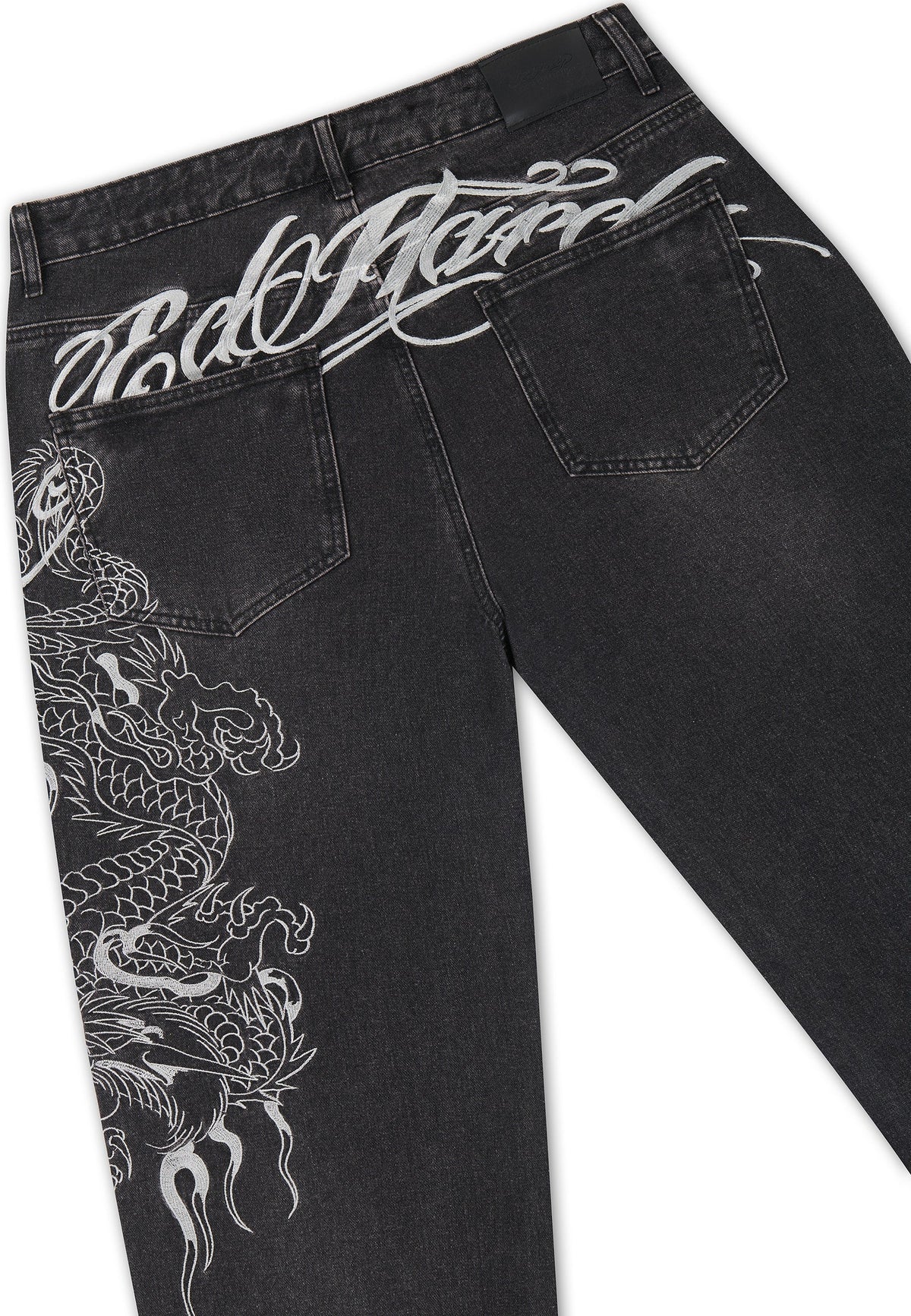 Ed Hardy Embroidered Soaring Dragon Flare Jeans Washed Black - OnSize