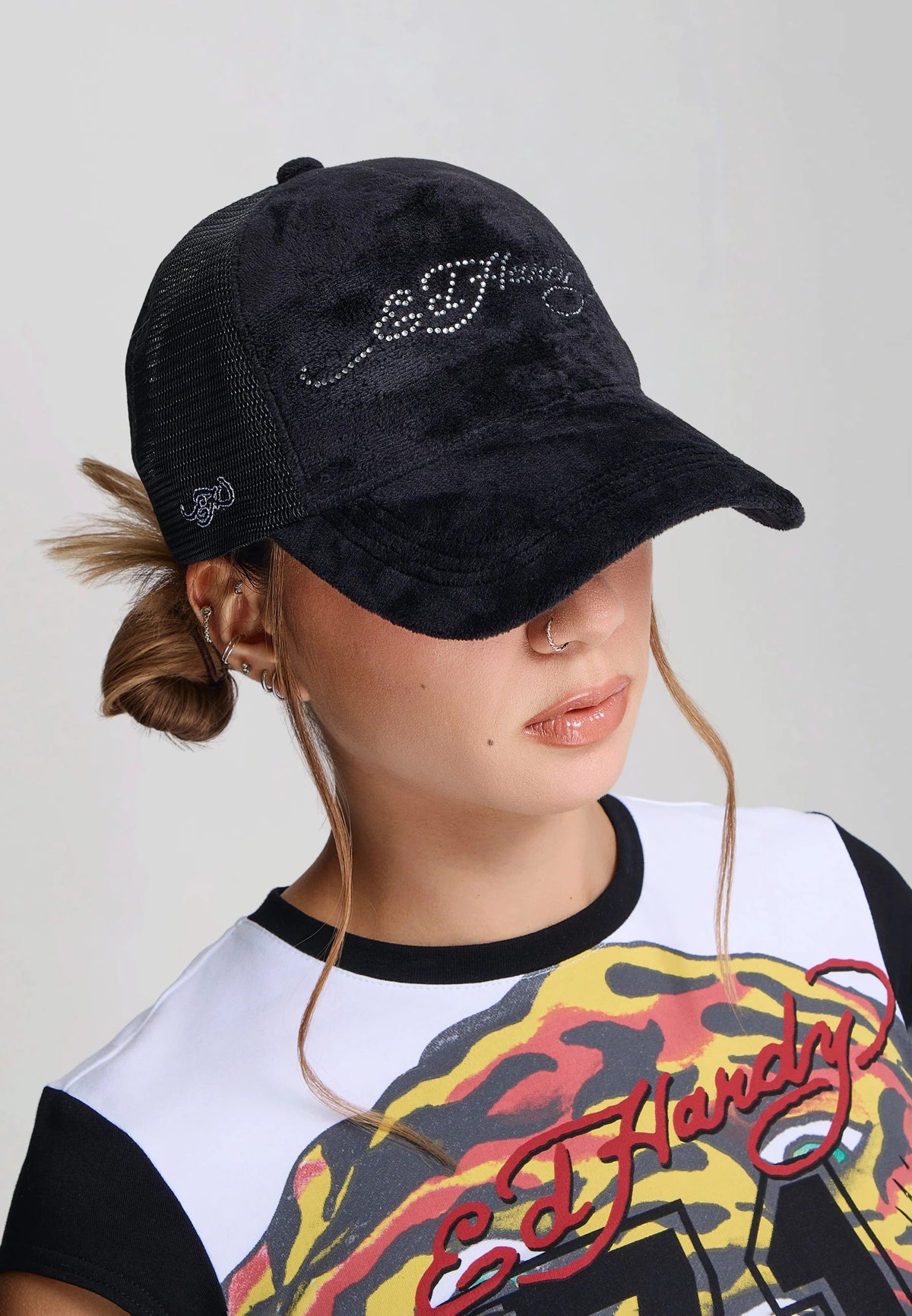 Ed Hardy Diamante Velour 5 Panel Black Trucker Cap