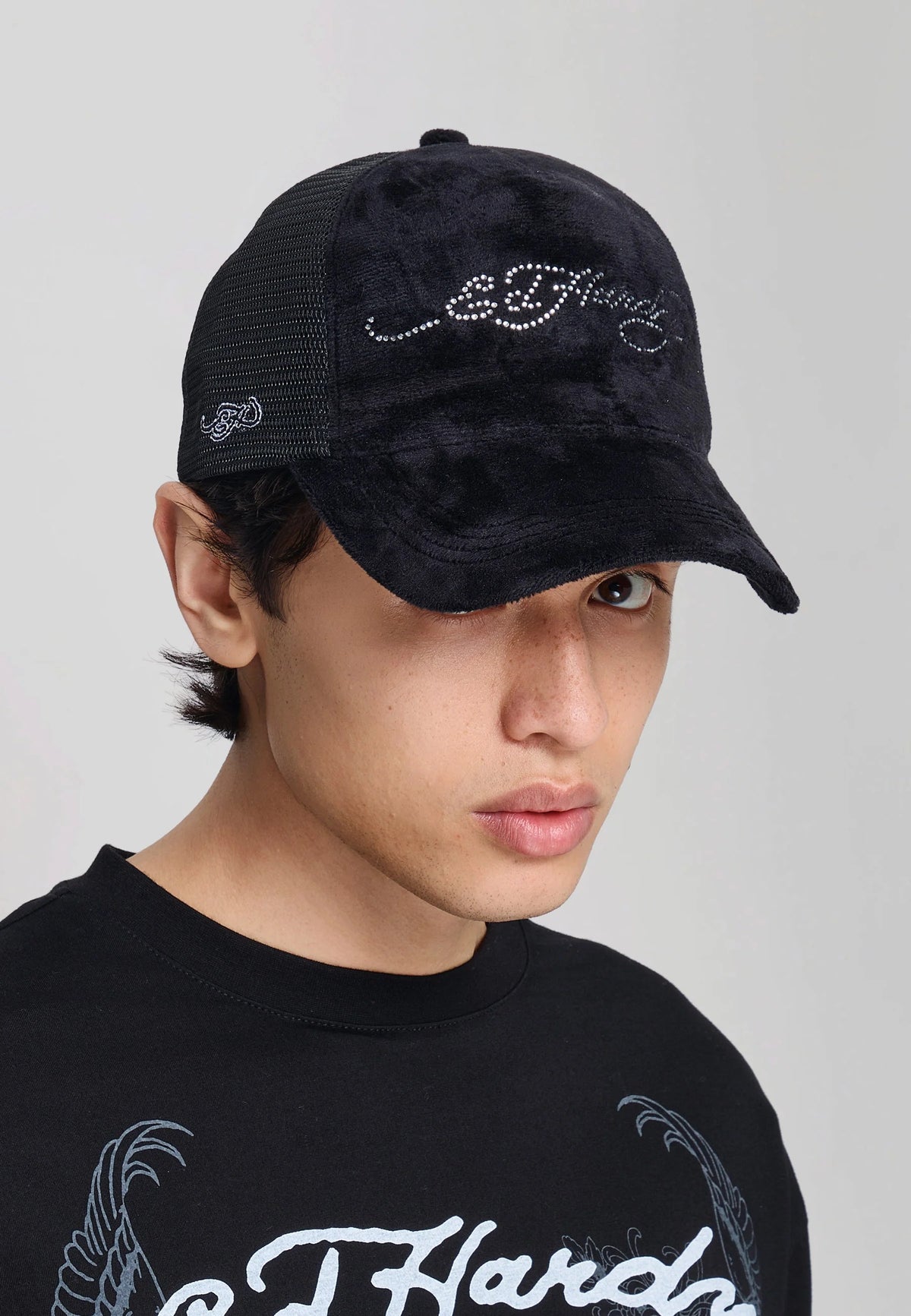 Ed Hardy Diamante Velour 5 Panel Black Trucker Cap