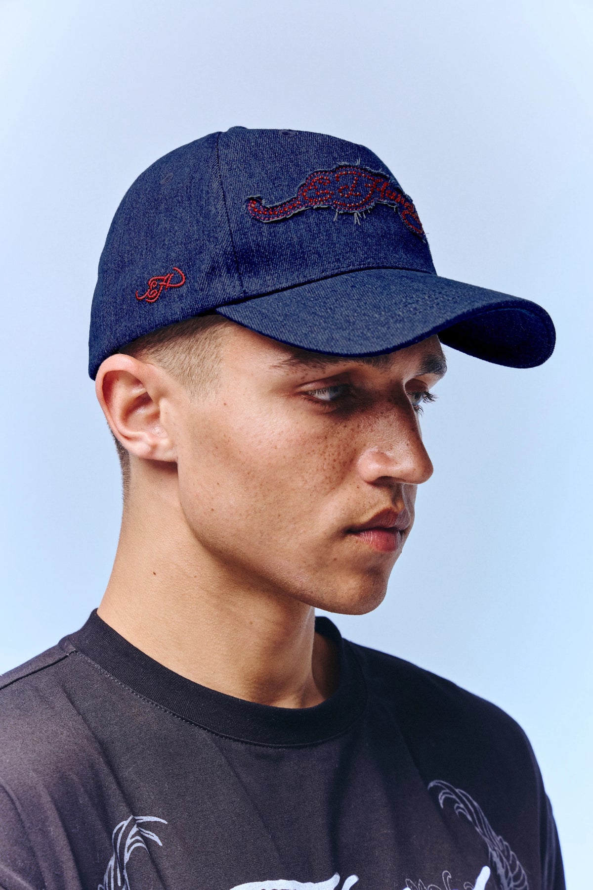 Ed Hardy Diamante Applique Indigo Denim 5 Panel Indigo Trucker Cap