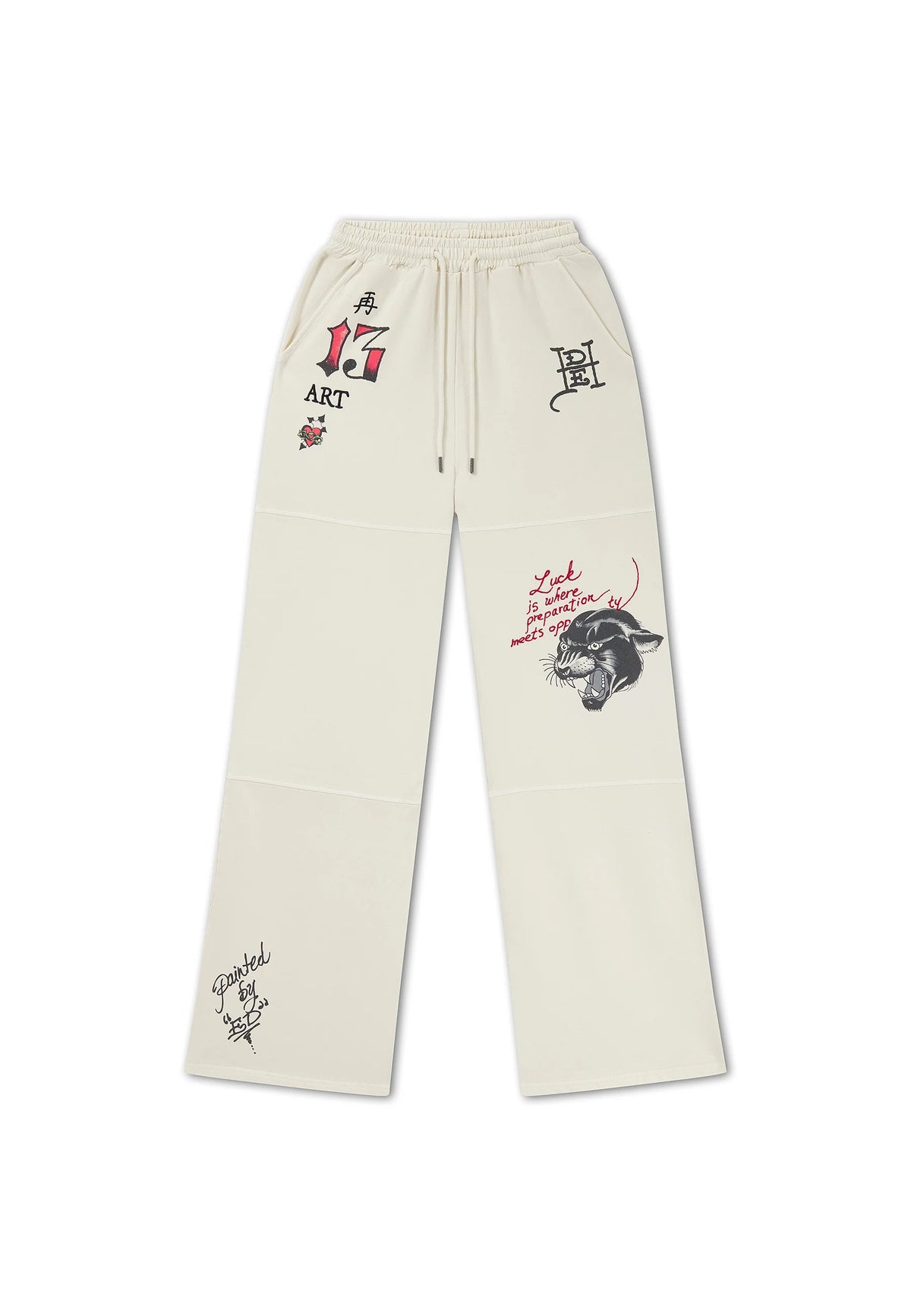 Ed Hardy Tattoo Collage Seam Detail Wide Leg Joggers Ecru