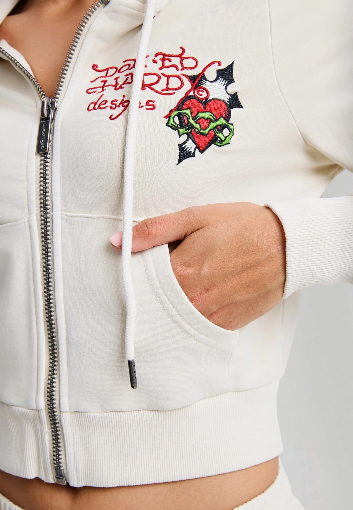 Ed Hardy Flaming Tiger Cropped Zip Thru Hoodie Ecru