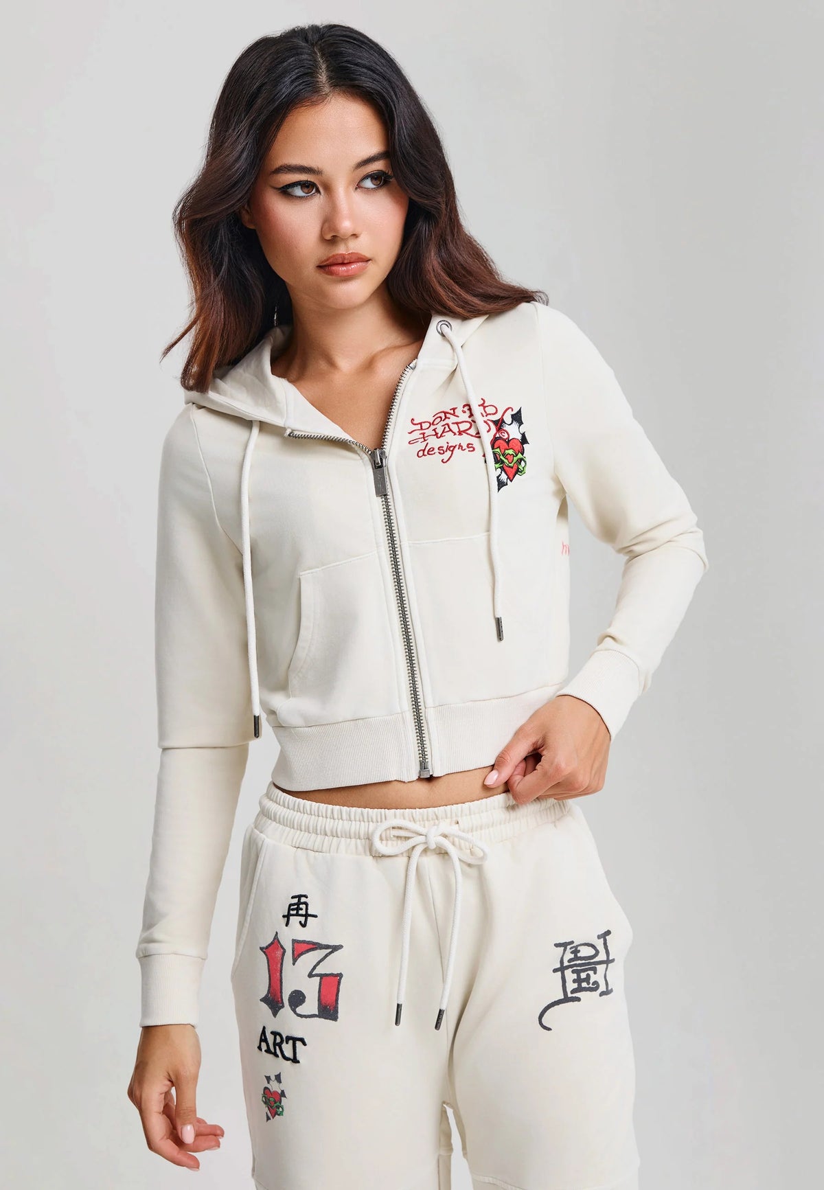 Ed Hardy Flaming Tiger Cropped Zip Thru Hoodie Ecru