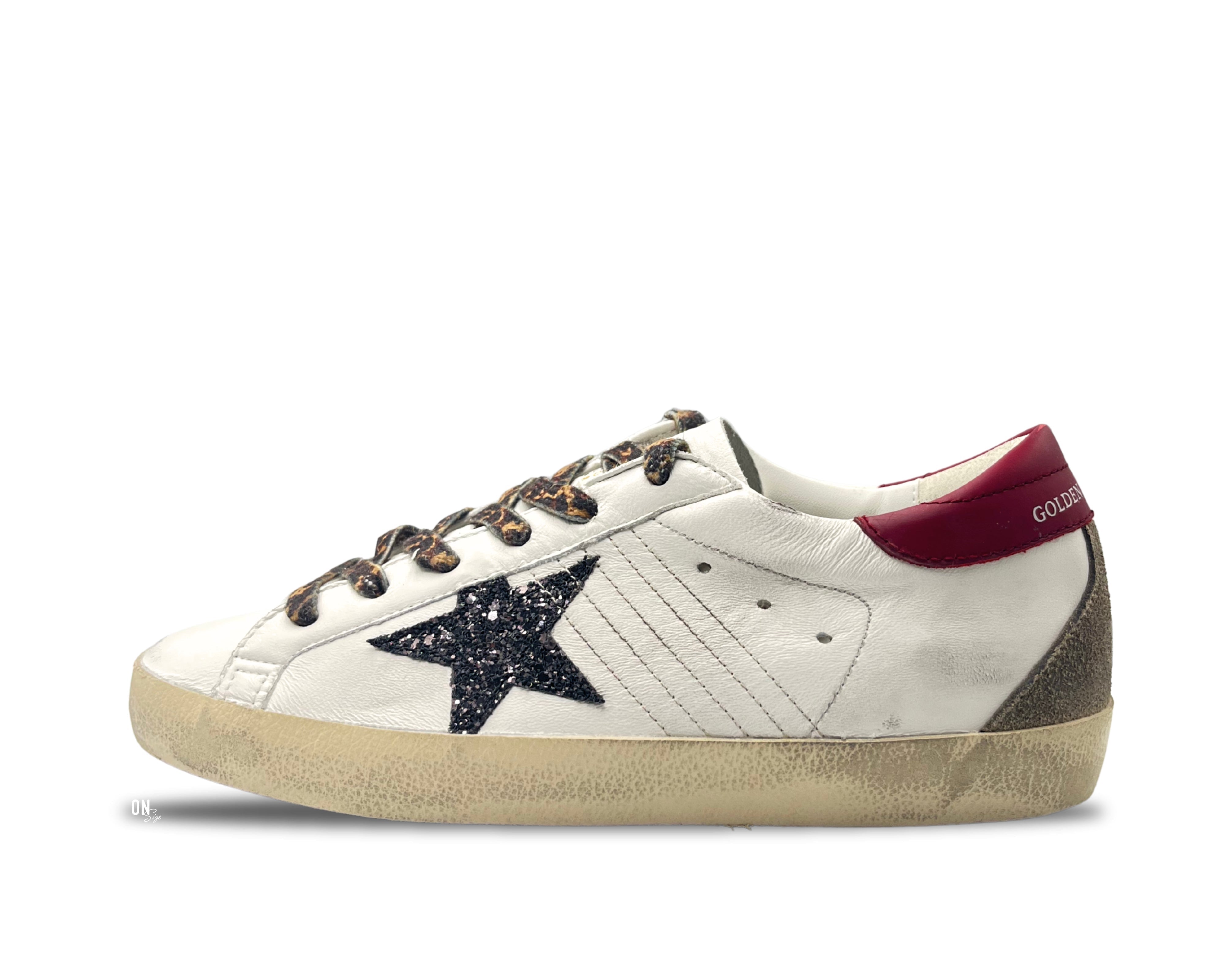 Golden Goose Super-Star Red Nappa Heel Black Glitter Star - OnSize