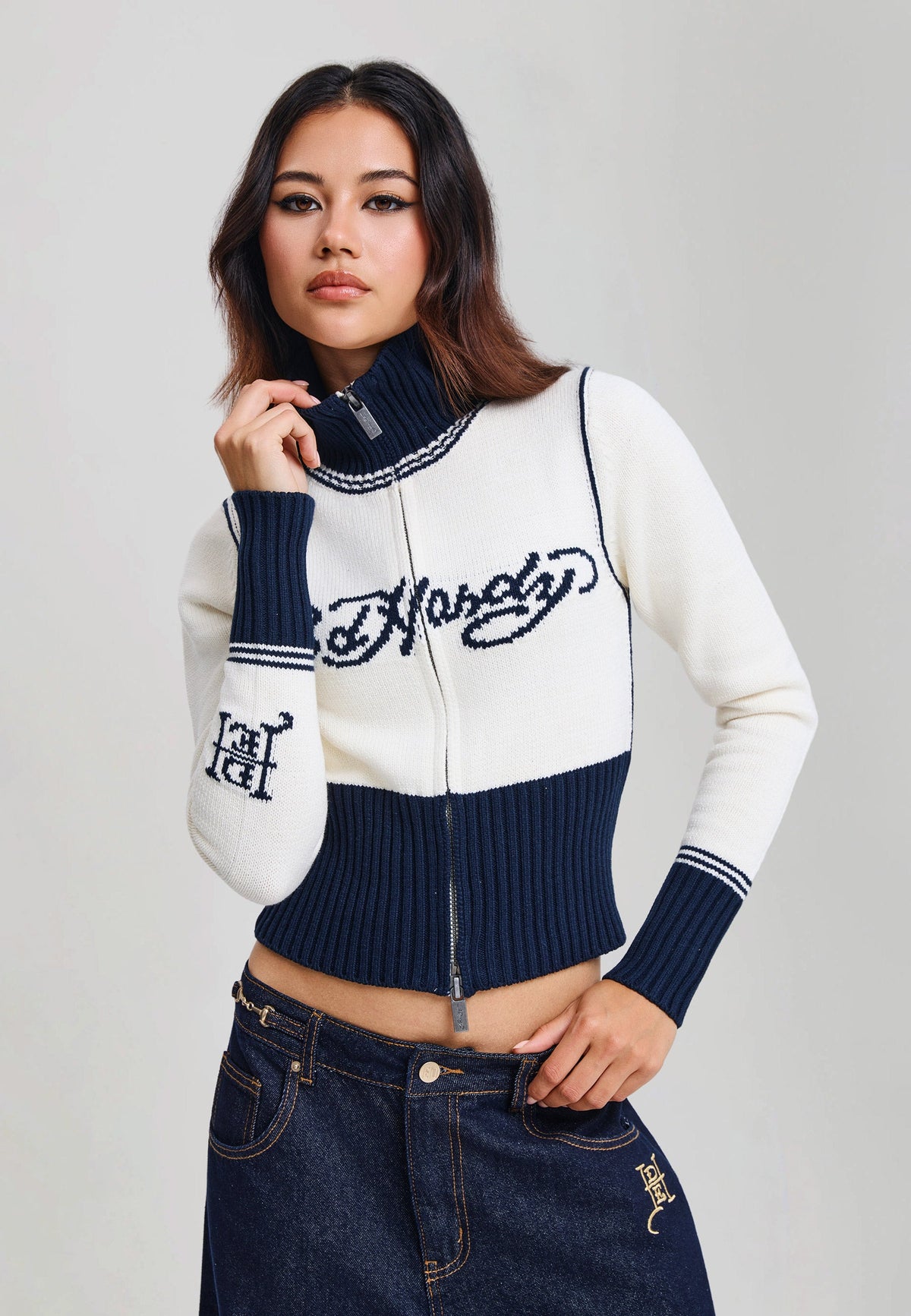 Ed Hardy Skull And Serpent Knitted Fitted Zip Thru Jacket Navy - OnSize