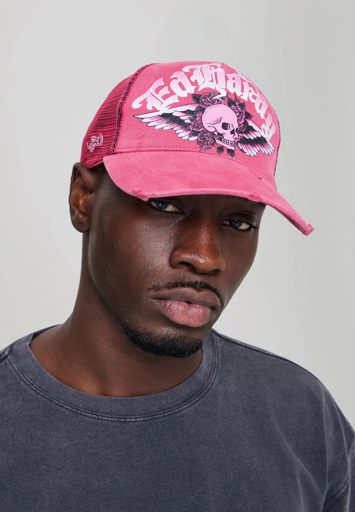 Ed Hardy Flaming Gothic Skull Washed 5 Panel Pink Trucker Cap