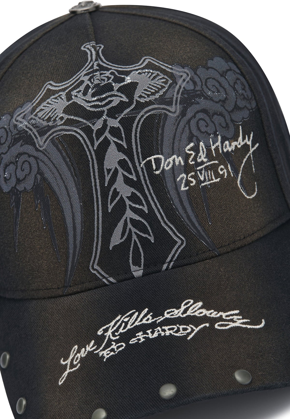 Ed Hardy Storming Rose Washed 5 Panel Black Trucker Cap