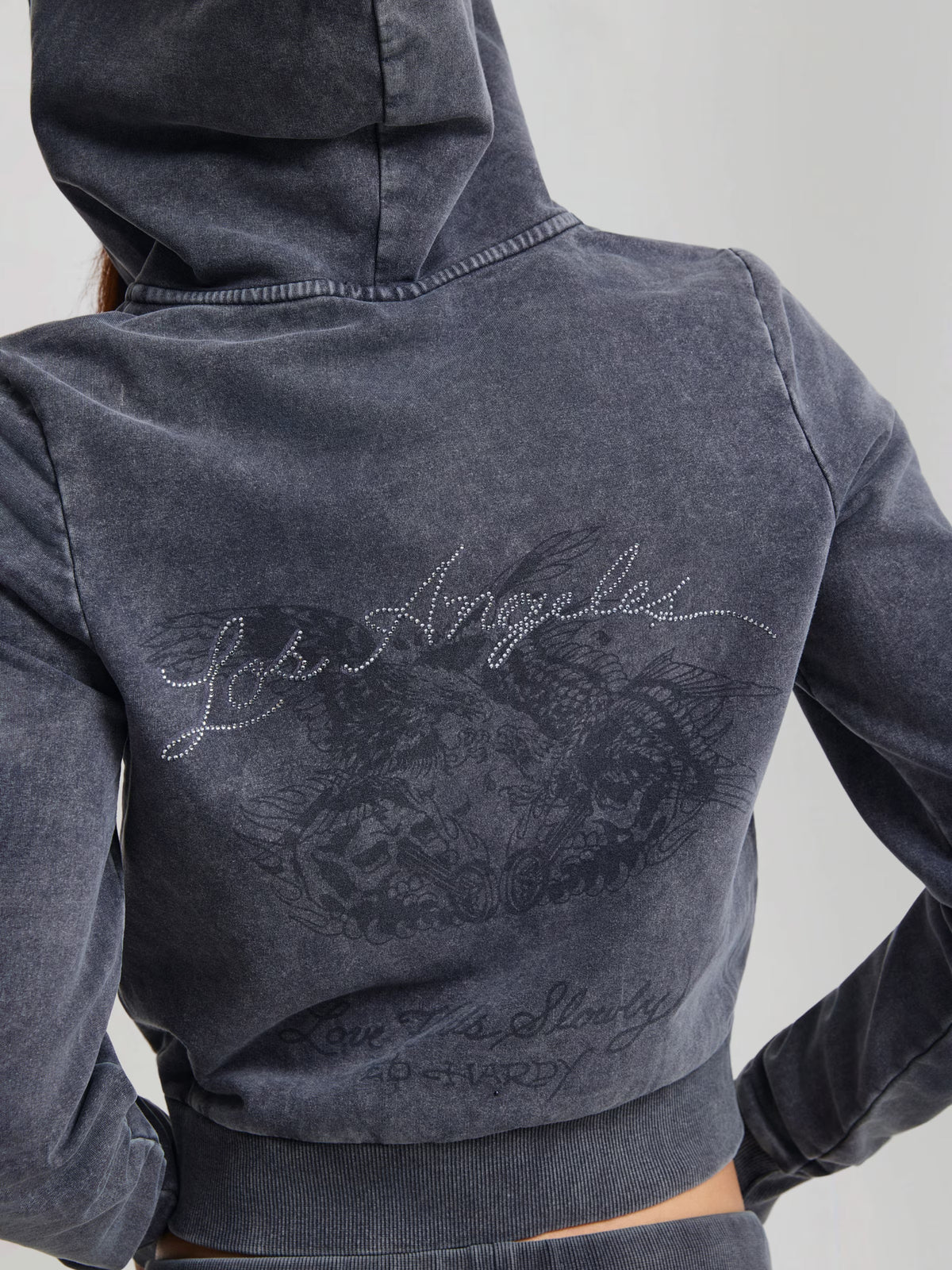 Ed Hardy Stay True Fitted Cropped Washed Zip Thru Hoodie Black - OnSize