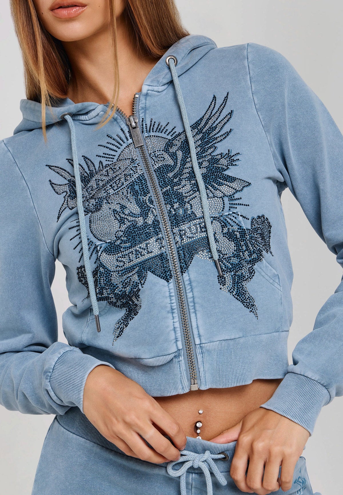 Ed Hardy Stay True Fitted Cropped Washed Zip Thru Hoodie Blue
