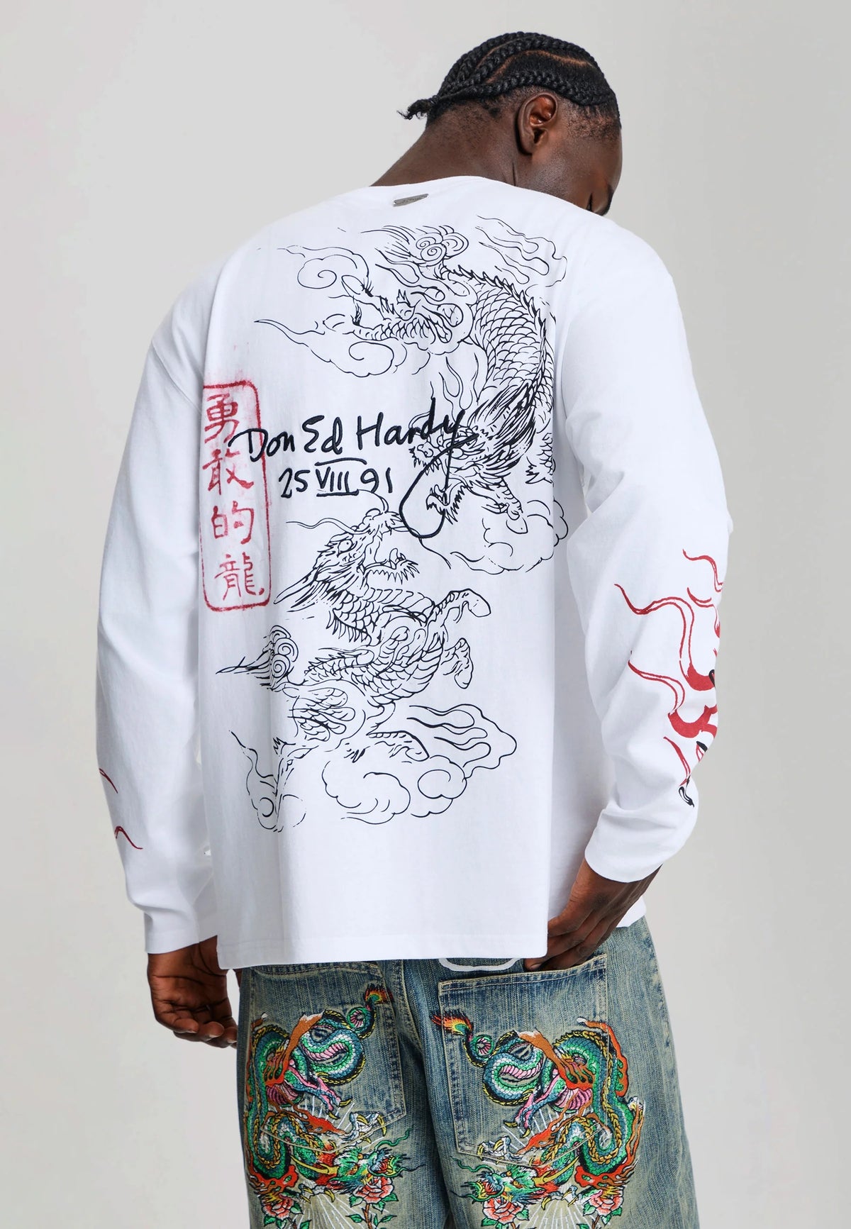 Ed Hardy Flying Twin Dragon Graphic Long Sleeve Relaxed T-Shirt White