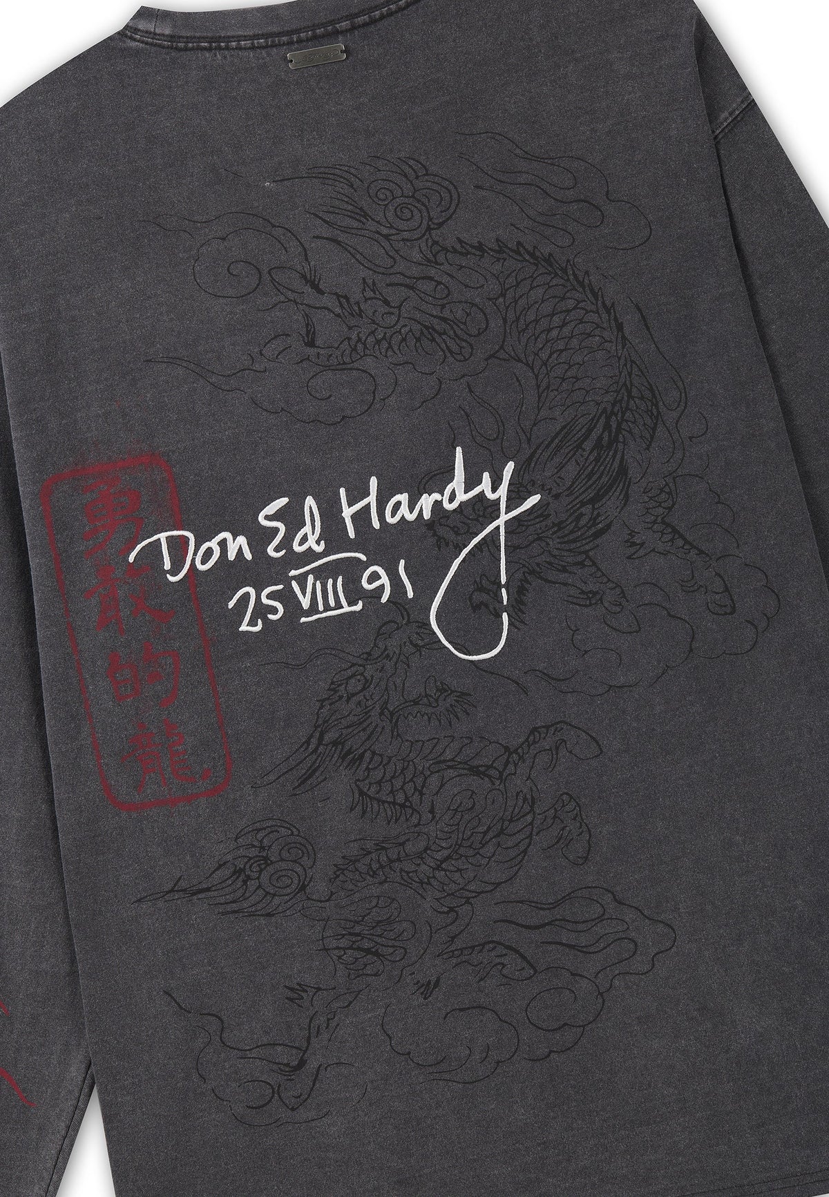 Ed Hardy Flying Twin Dragon Graphic Long Sleeve Relaxed T-Shirt Black