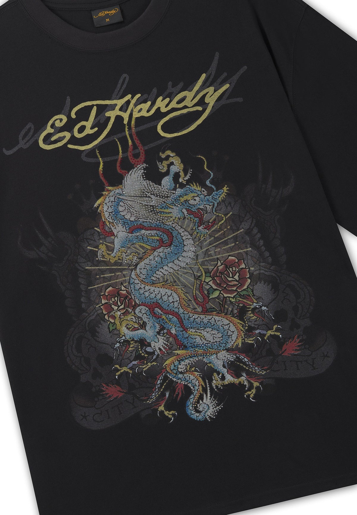 Ed Hardy Dragon City Diamante Graphic Relaxed T-Shirt Black