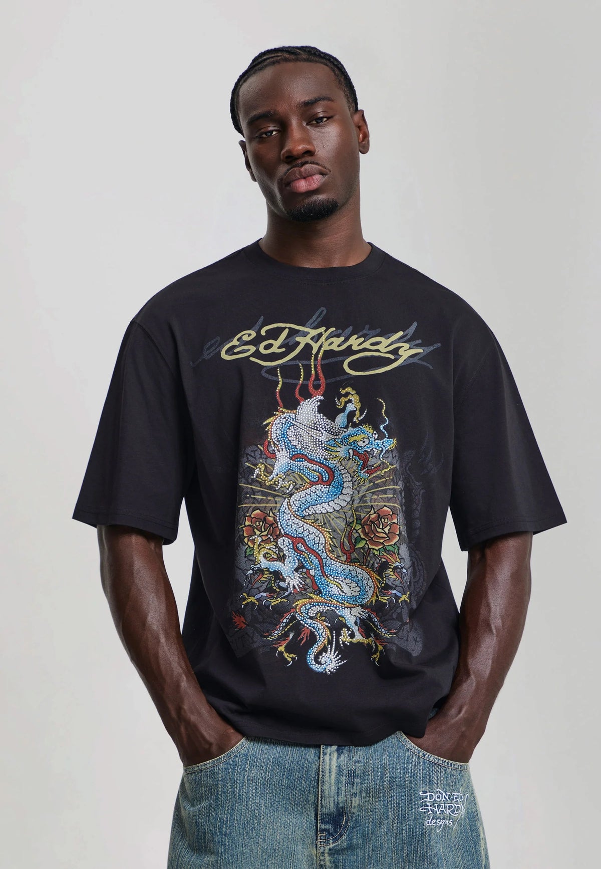 Ed Hardy Dragon City Diamante Graphic Relaxed T-Shirt Black