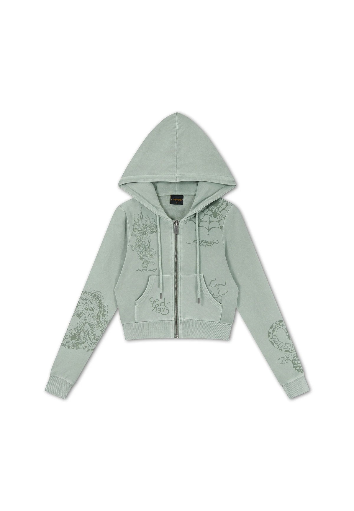 Ed Hardy Multi Tattoo Fitted Zip Thru Acid Wash Hoodie Sage