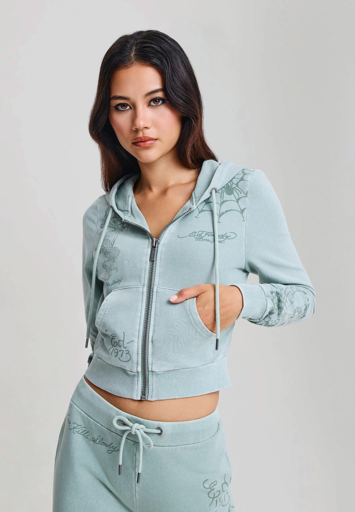Ed Hardy Multi Tattoo Fitted Zip Thru Acid Wash Hoodie Sage