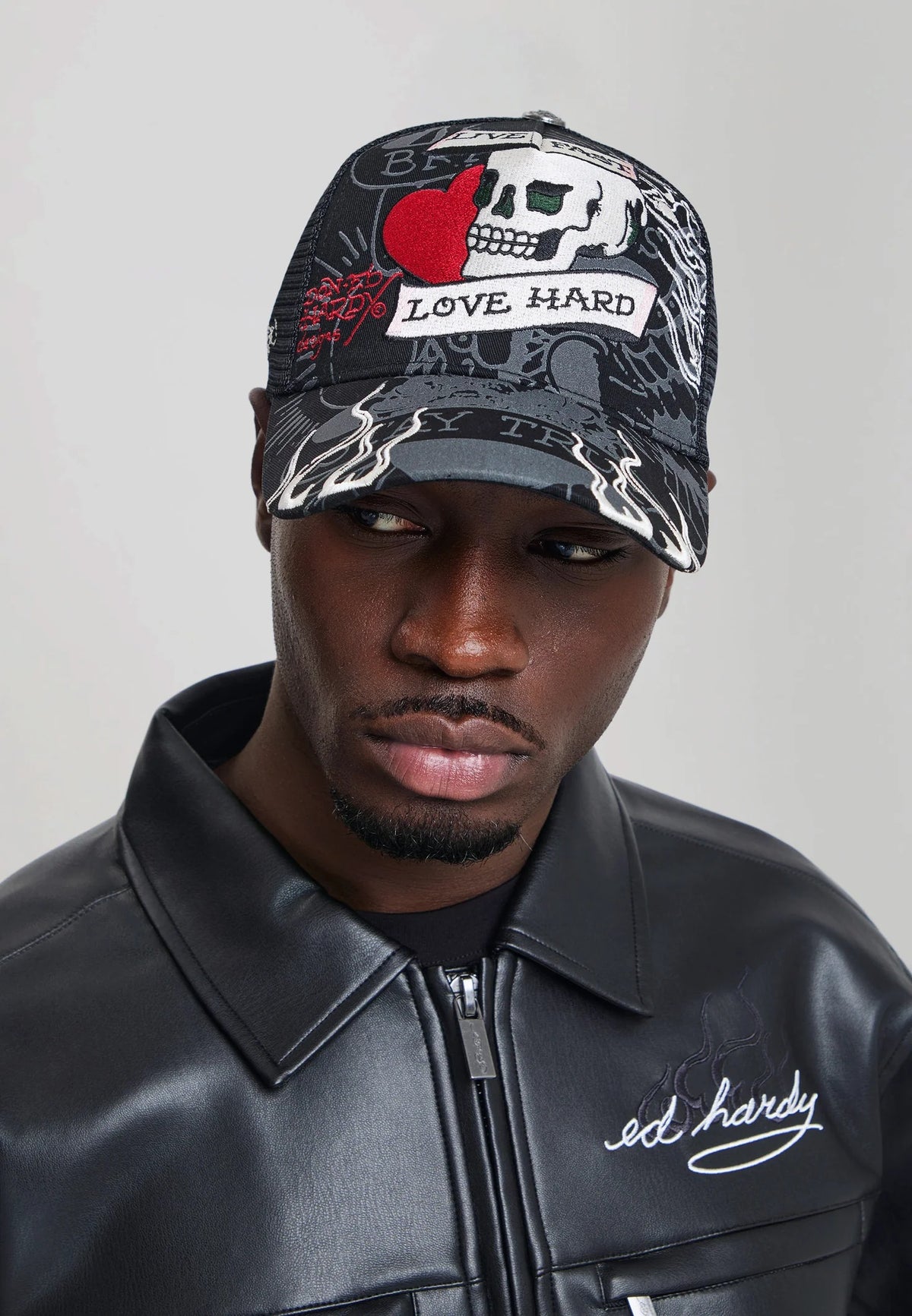 Ed Hardy Live Fast Love Hard 5 Panel Black Trucker Cap
