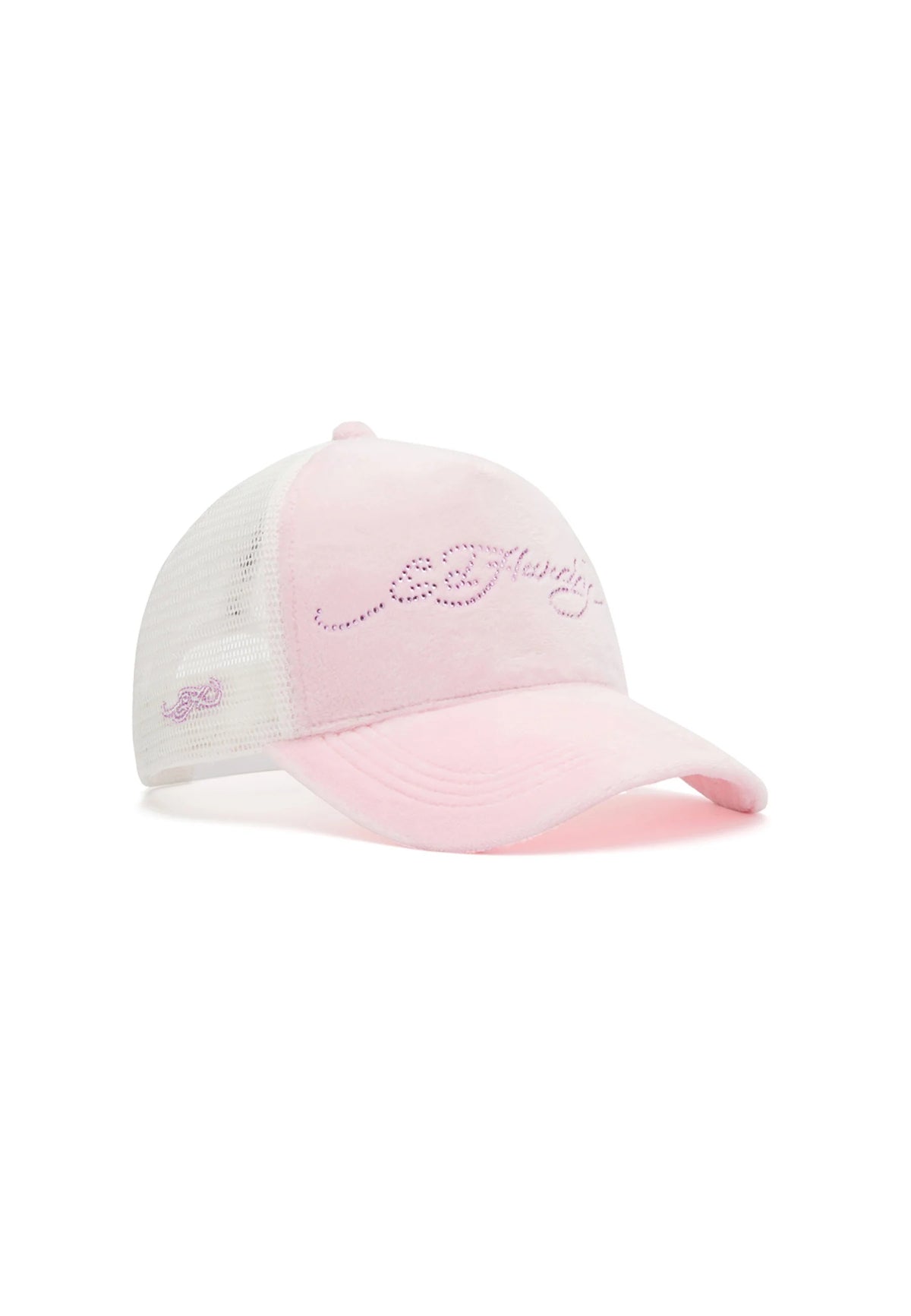 Ed Hardy Diamante Velour 5 Panel Baby Pink Trucker Cap