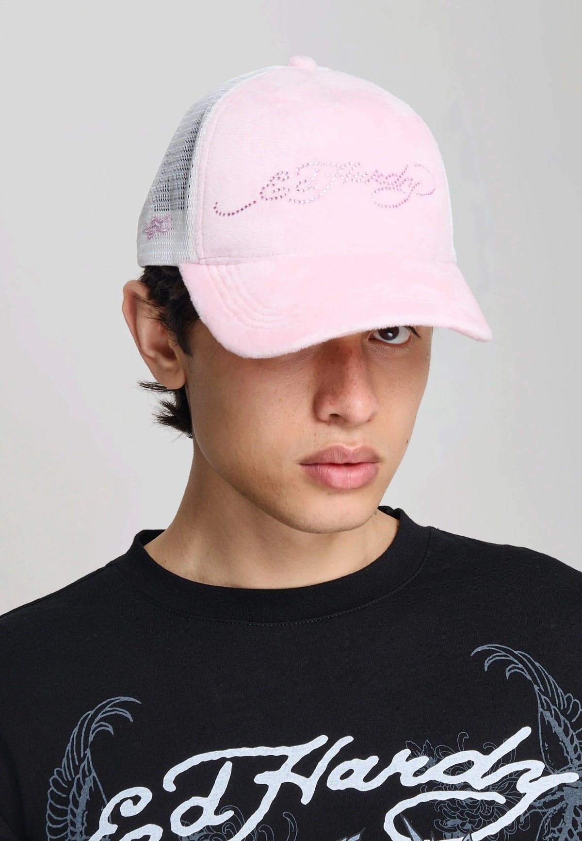 Ed Hardy Diamante Velour 5 Panel Baby Pink Trucker Cap