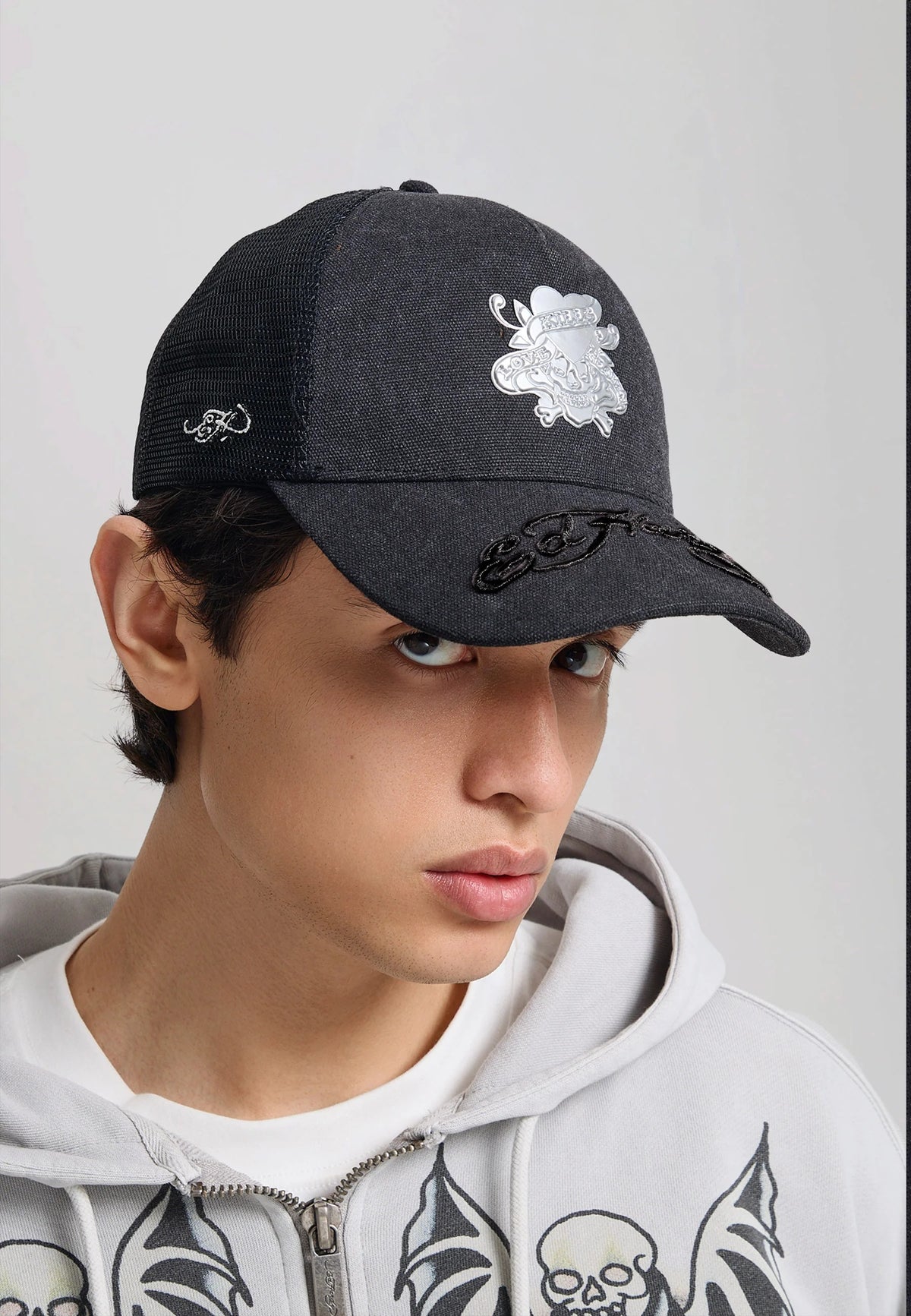 Ed Hardy Love Kills Slowly Washed 5 Panel Black Trucker Cap