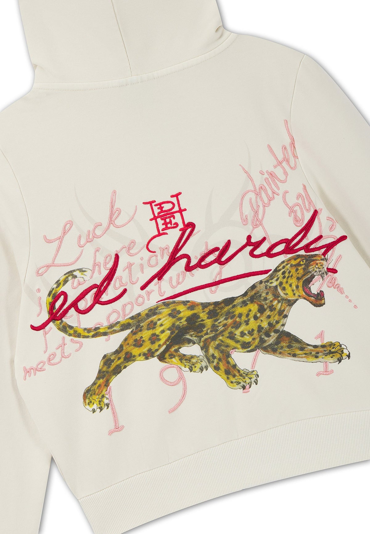 Ed Hardy Flaming Tiger Cropped Zip Thru Hoodie Ecru