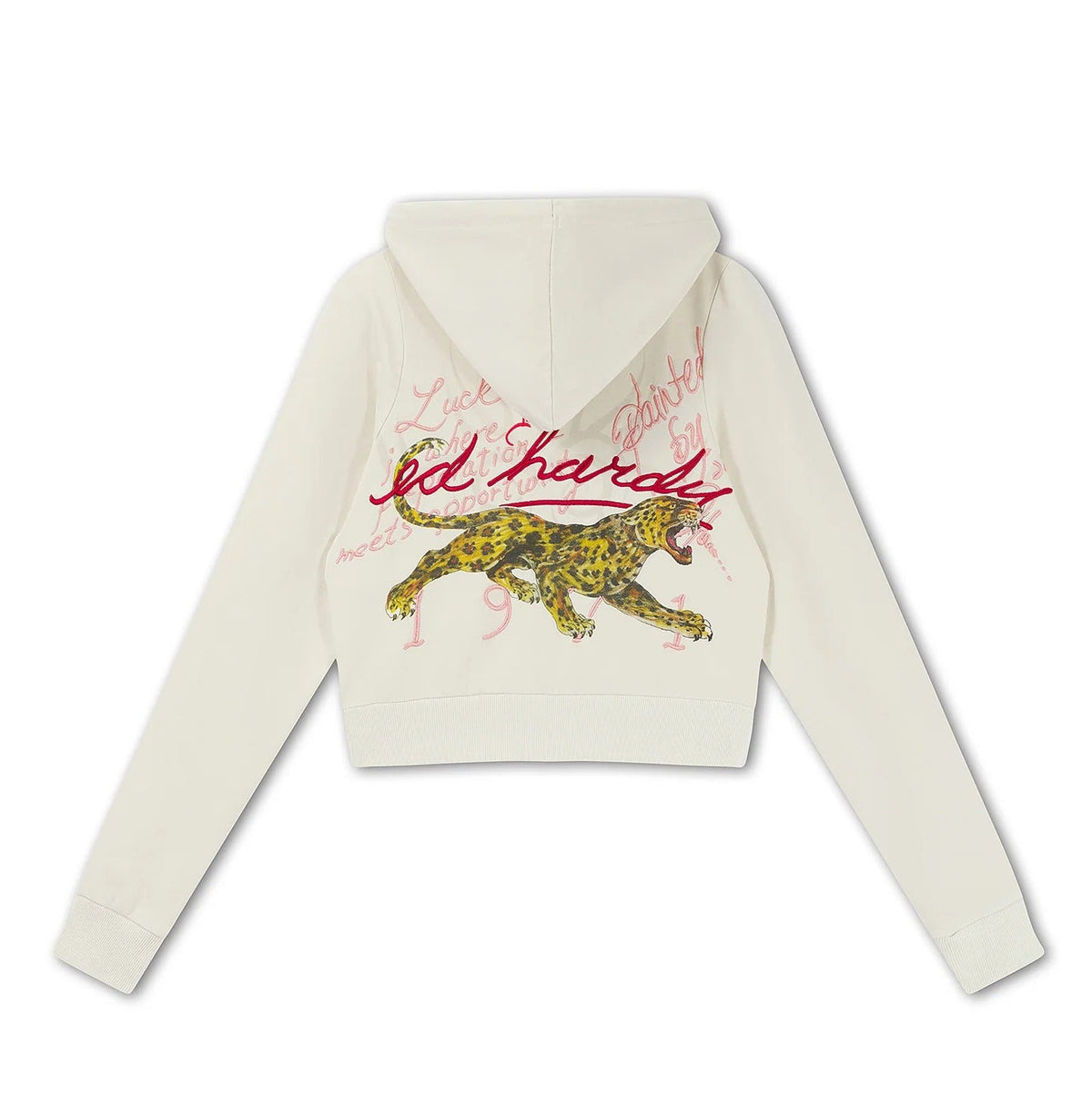 Ed Hardy Flaming Tiger Cropped Zip Thru Hoodie Ecru - OnSize