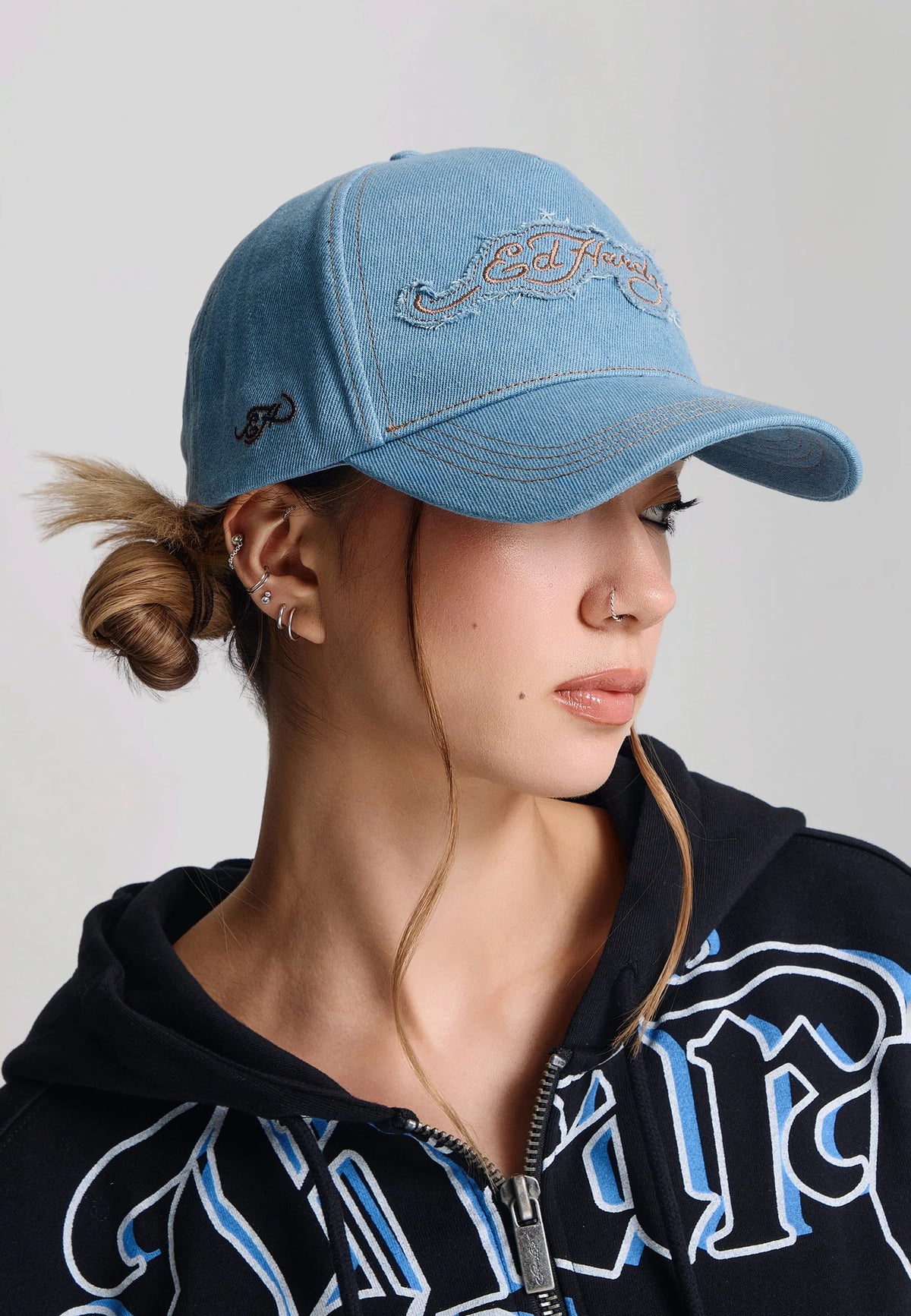 Ed Hardy Contrast Stitch Indigo Denim 5 Panel Bleach Trucker Cap